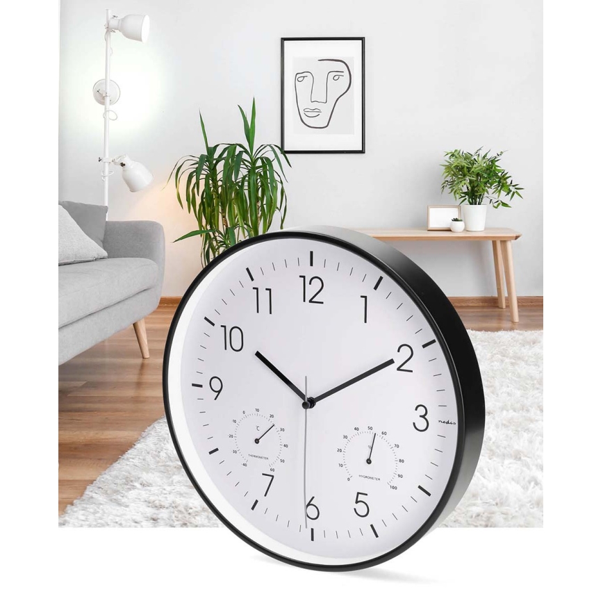 Wanduhr mit Thermometer und Hygrometer, Durchmesser 30,5 cm, 1xAA, schwarz