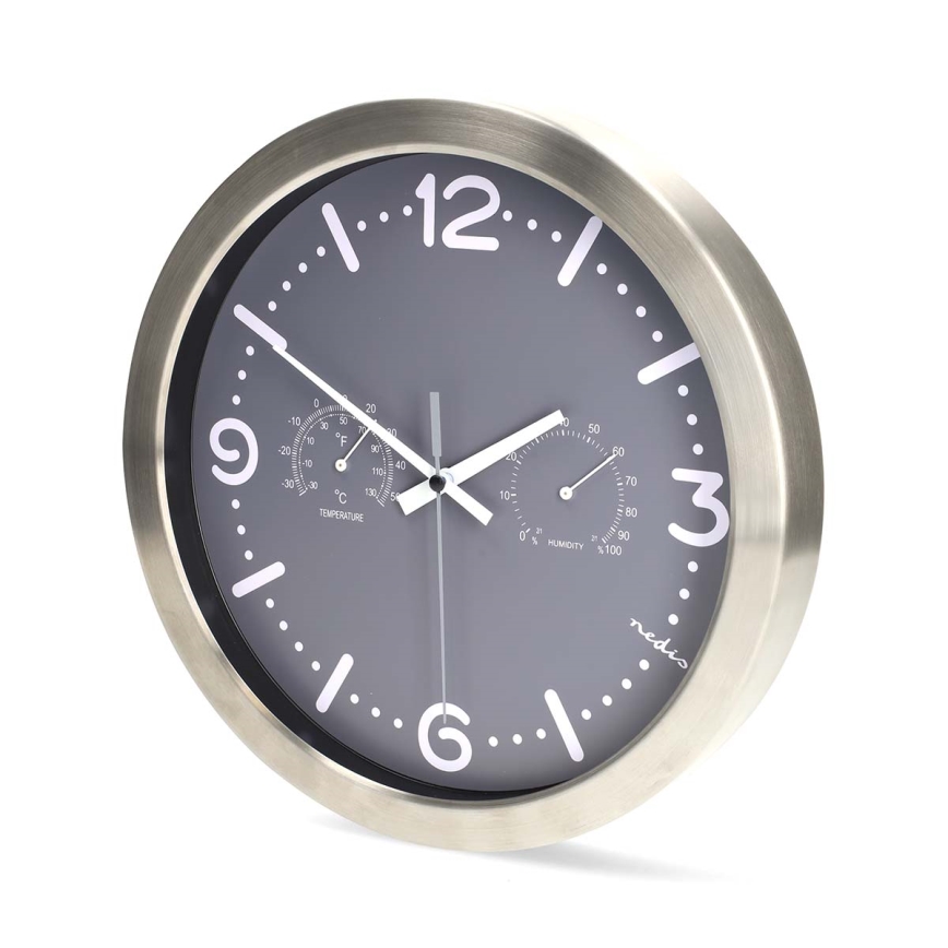 Horloge murale avec thermomètre et hygromètre Ø 30,5 cm, fonctionne avec 1 pile AA, boîtier inox/gris