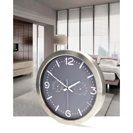 Orologio da parete con termometro e igrometro, diametro 30,5 cm, 1x AA, acciaio inossidabile/grigio
