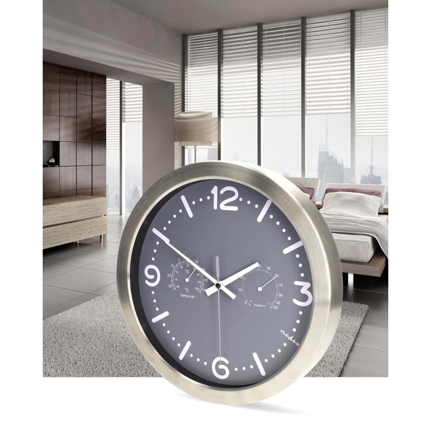 Orologio da parete con termometro e igrometro, diametro 30,5 cm, 1x AA, acciaio inossidabile/grigio