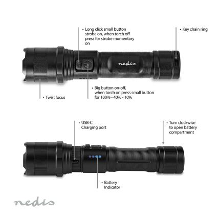 Lampe de poche en aluminium, rechargeable et dimmable à LED LED/10W/5V 2200 mAh IPX4 noire