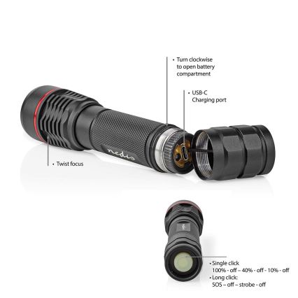 Torcia ricaricabile dimmerabile in alluminio a LED 10W/5V 2200 mAh IPX7 nera