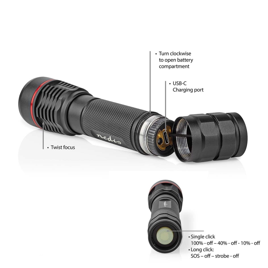 Torcia ricaricabile dimmerabile in alluminio a LED 10W/5V 2200 mAh IPX7 nera