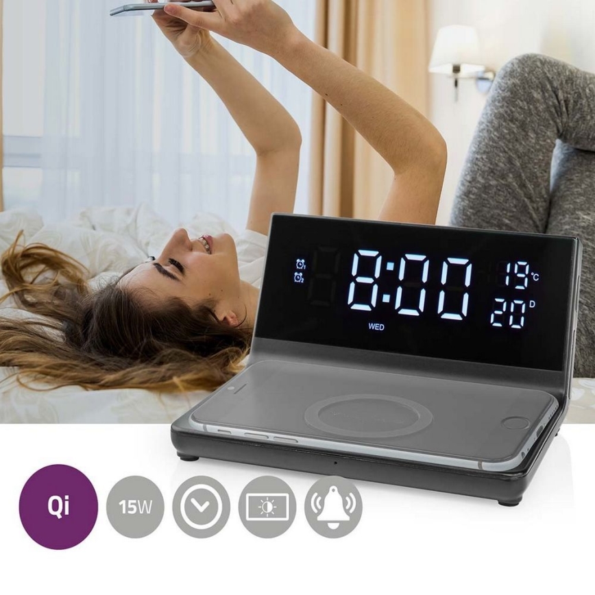 Réveil avec écran LCD et chargeur sans fil 15W/230V noir