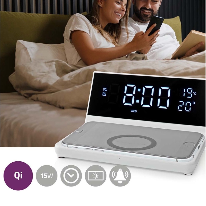 Orologio a sveglia con display LCD e senza fili caricatore 15W/230V + 1xCR2032 bianco