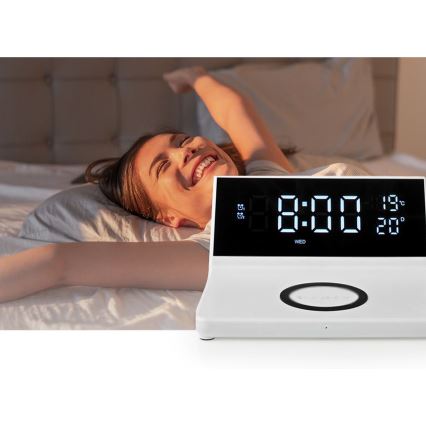 Orologio a sveglia con display LCD e senza fili caricatore 15W/230V + 1xCR2032 bianco