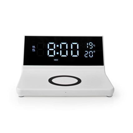 Orologio a sveglia con display LCD e senza fili caricatore 15W/230V + 1xCR2032 bianco