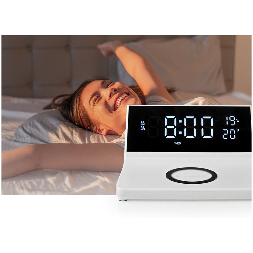 Wecker mit LCD-Display und kabellosem Ladegerät 15W/230V weiß