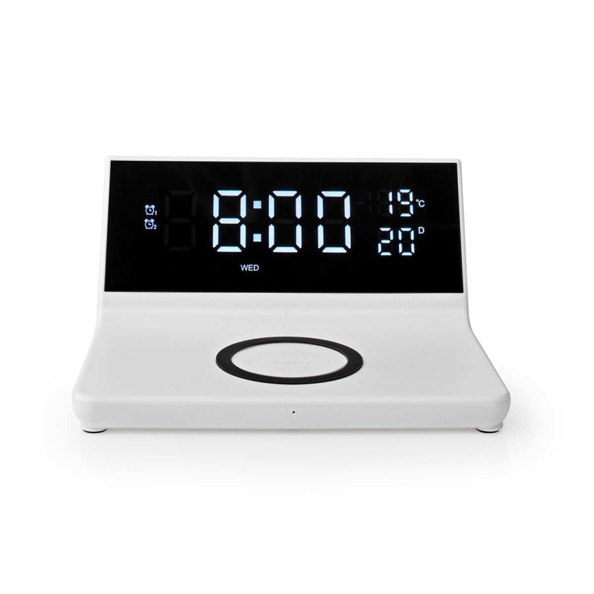 Wecker mit LCD-Display und kabellosem Ladegerät 15W/230V weiß