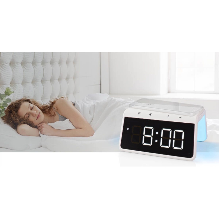 Sveglia con display LCD e caricabatteria wireless 15W/230V bianco