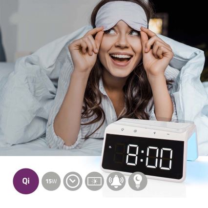 Wecker mit LCD-Anzeige und kabelloser Ladevorrichtung 15W/5V 1xCR2032 weiß