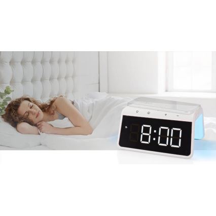 Wecker mit LCD-Anzeige und kabelloser Ladevorrichtung 15W/5V 1xCR2032 weiß