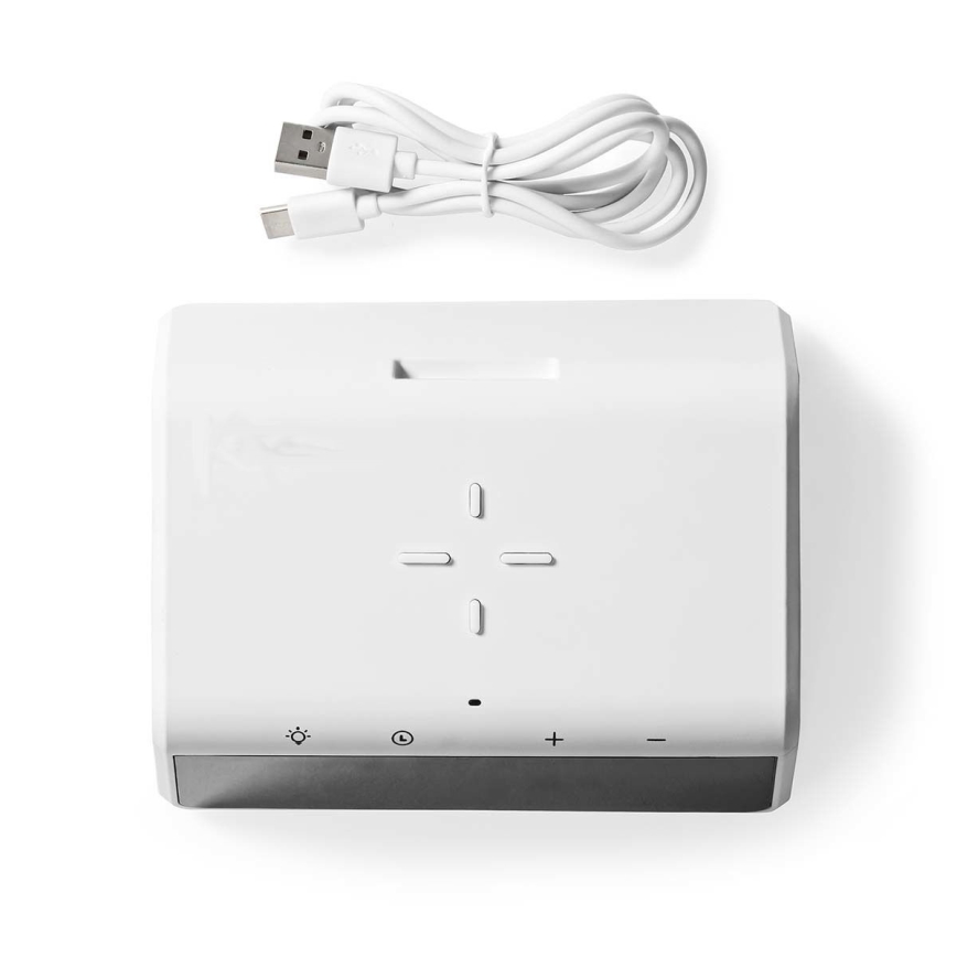 Wecker mit LCD-Anzeige und kabelloser Ladevorrichtung 15W/5V 1xCR2032 weiß