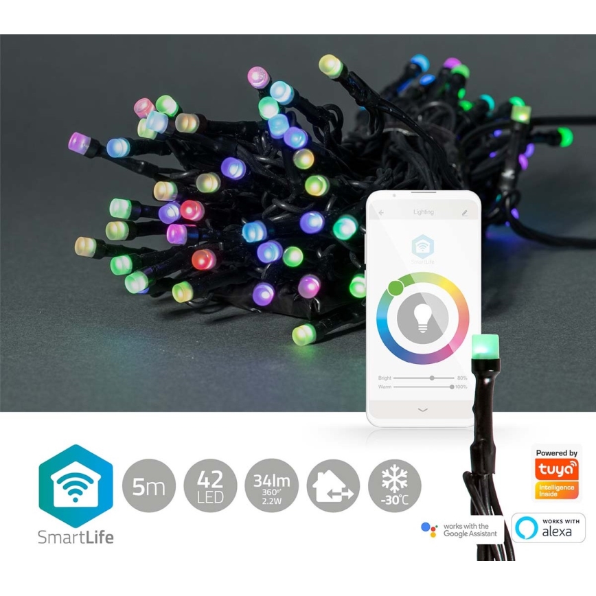 LED RGB-Lichterkette für den Außenbereich, 42× LEDs / 8 Funktionen, 8 m, IP65, Wi‑Fi (Tuya)