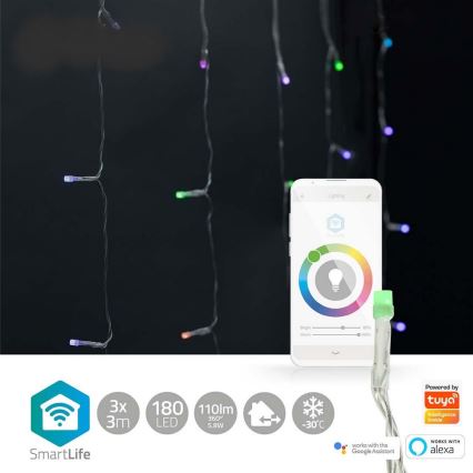 Rideau lumineux LED RGB, 180 LED / 7 fonctions, 6 m, IP65, Wi-Fi compatible Tuya
