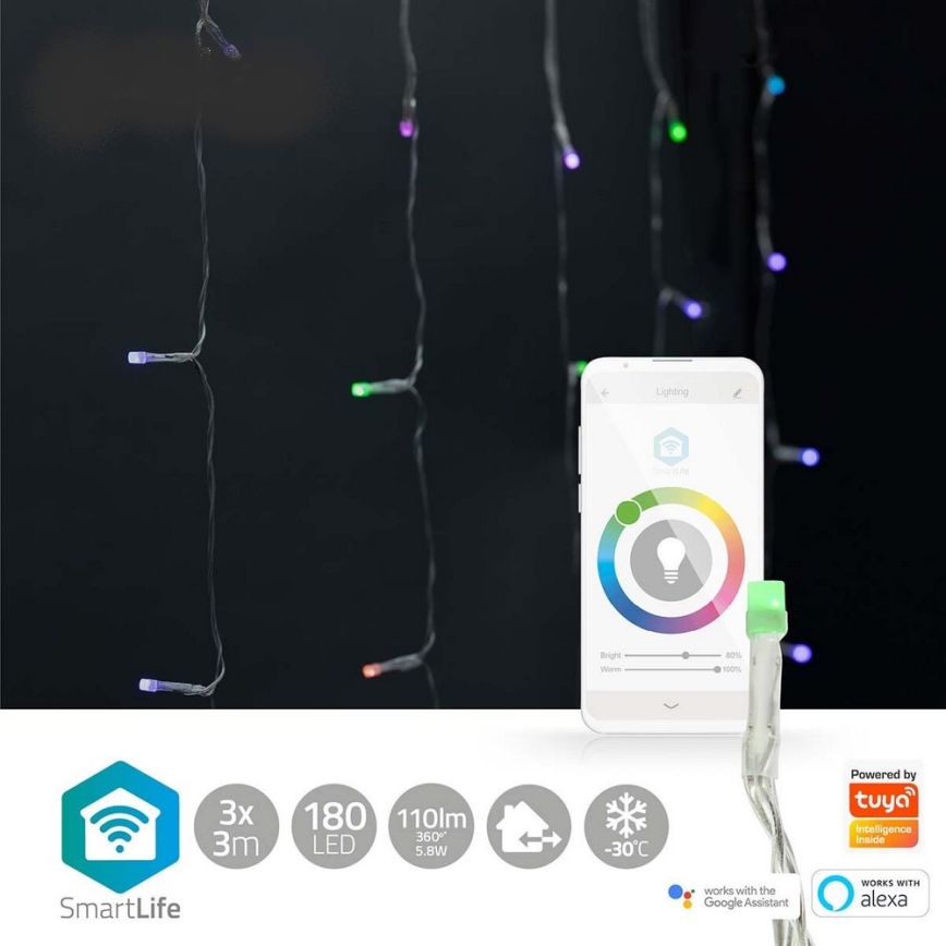 Rideau lumineux LED RGB, 180 LED / 7 fonctions, 6 m, IP65, Wi-Fi compatible Tuya