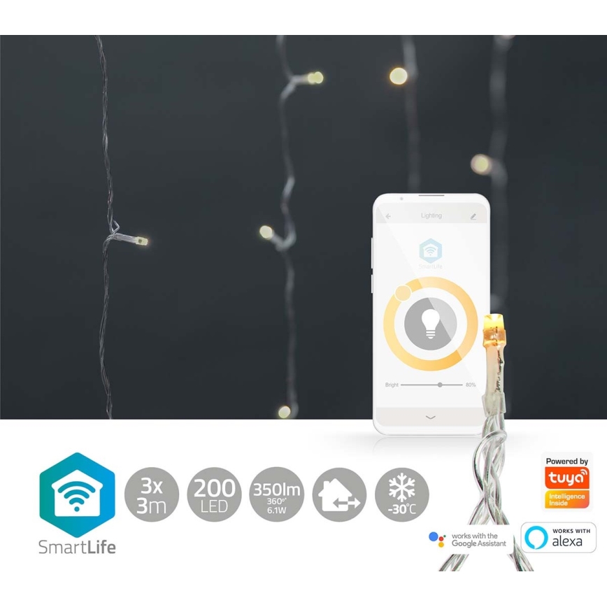 Nedis WIFILXC01W200- Rideau de Noël LED 200xLED/8 fonctions 6m IP65 Wi-Fi Tuya chaud