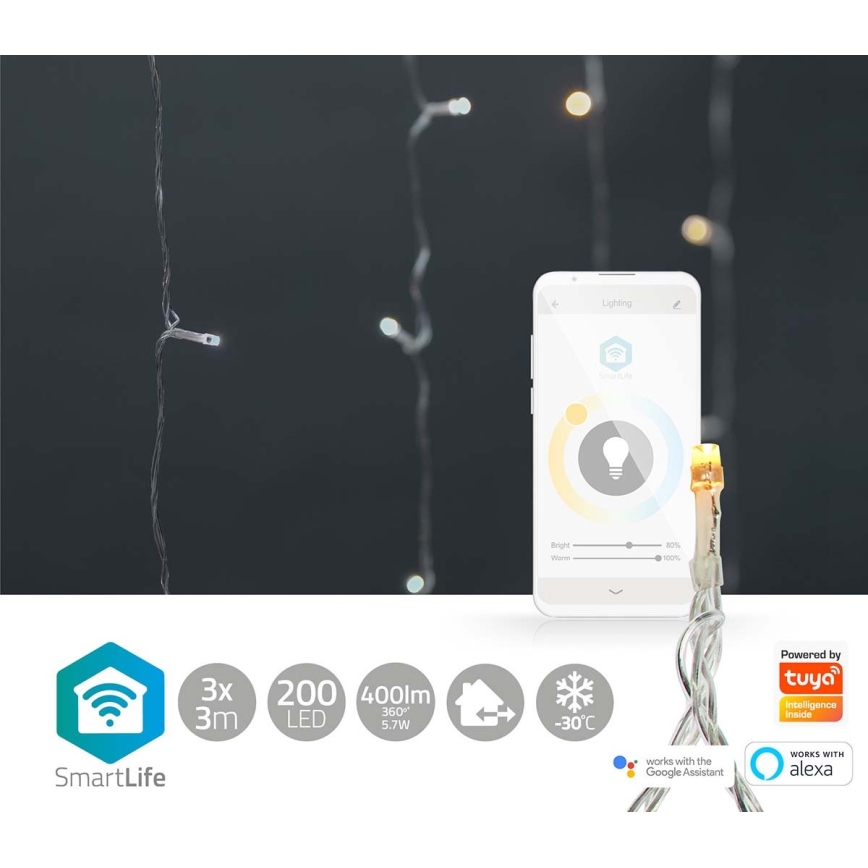 Tenda di Natale a LED 200xLED/11 funzioni 6m IP65 Wi-Fi Tuya da bianco caldo a freddo