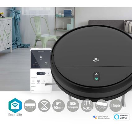 Robot aspirapolvere intelligente Wi-Fi nero + telecomando