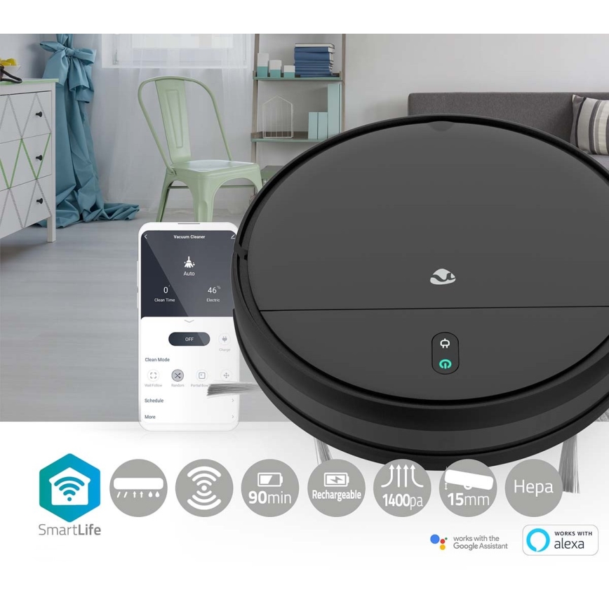 Robot aspirapolvere intelligente Wi-Fi nero + telecomando