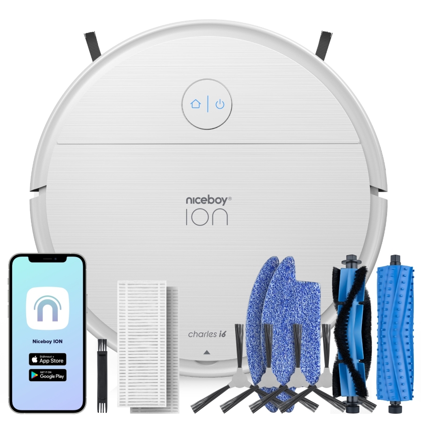 Niceboy ION Charles i6 - Aspirateur robot connecté 2en1 2600 mAh Wi-Fi blanc