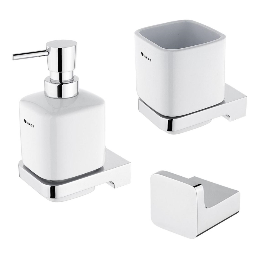 NIMCO MA set-31K-26 - Distributore di sapone a parete, portaspazzolino e gancio a parete MAYA 320 mm bianco/cromo lucido