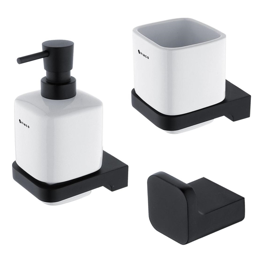 NIMCO MAC set-31K-T-90 - Distributore di sapone a parete, portaspazzolino e gancio a parete MAYA 320 mm bianco/opaco nero