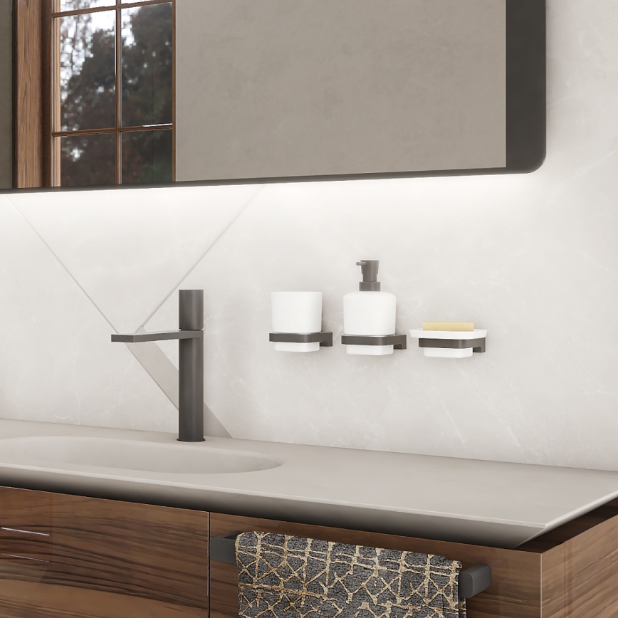 NIMCO MAC set-31K-T-90 - Distributore di sapone a parete, portaspazzolino e gancio a parete MAYA 320 mm bianco/opaco nero