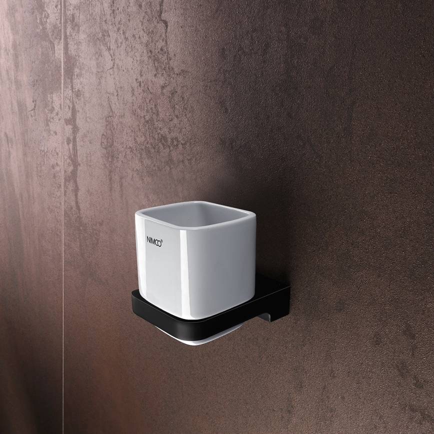 NIMCO MAC set-31K-T-90 - Distributore di sapone a parete, portaspazzolino e gancio a parete MAYA 320 mm bianco/opaco nero