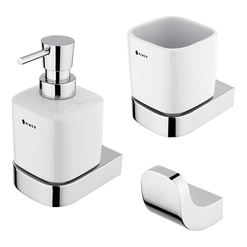 NIMCO NK set-31K-26 - Distributore di sapone a parete, portaspazzolino e gancio a parete NIKAU 320 mm bianco/cromo lucido