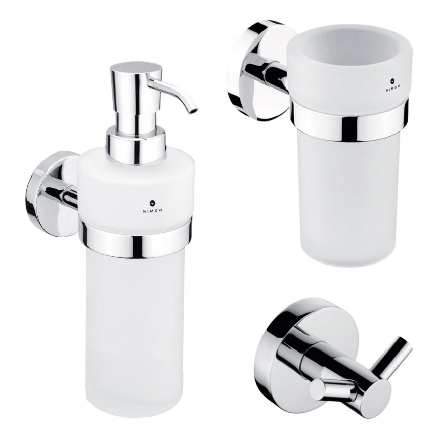 NIMCO UN set-31W-26 - Distributore di sapone a parete, portaspazzolino e gancio a parete UNIX 250 mm opaco vetro/cromo lucido