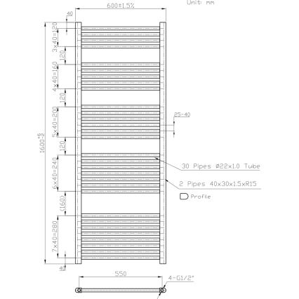Novaservis - Badheizkörper (Handtuchheizkörper) 836W/230V 160x60 cm weiß, gerade