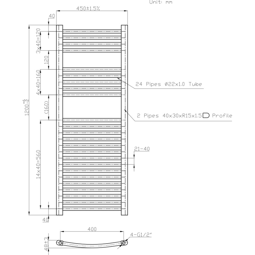 Novaservis - Handtuchheizkörper 490W/230V 120x45 cm weiß, abgerundet