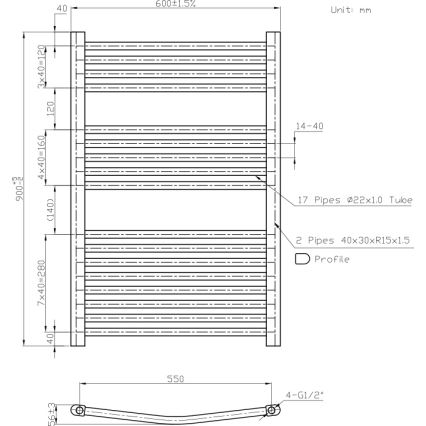 Novaservis - Scaldasalviette a scala 478W/230V 90x60 cm bianco, profilo arrotondato