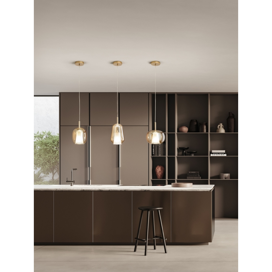 Ondaluce - Lampada a sospensione su cavo THELMA 1xE27/15W/230V Ø 19,5 cm dorato/beige fumé
