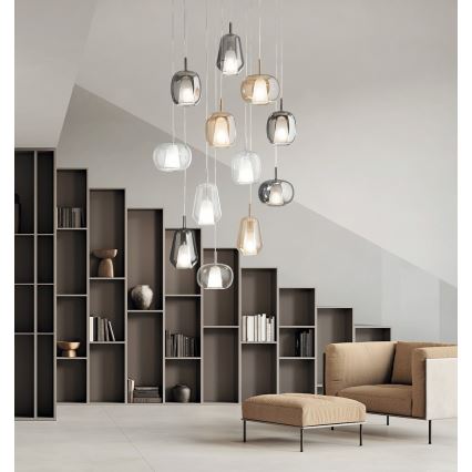 Ondaluce - Lampada a sospensione su cavo THELMA 1xE27/15W/230V Ø 19,5 cm dorato/beige fumé
