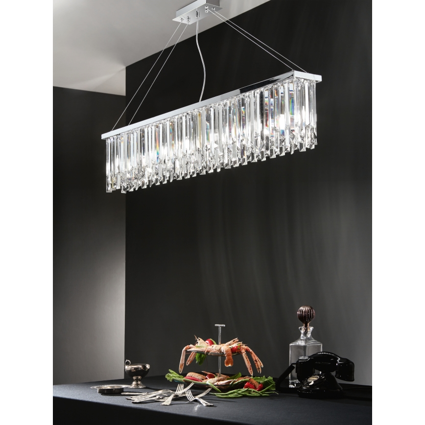 Ondaluce - Lampadario in cristallo sospeso su cavo BATIDA 8xE14/10W/230V cromo lucido/cristallo trasparente