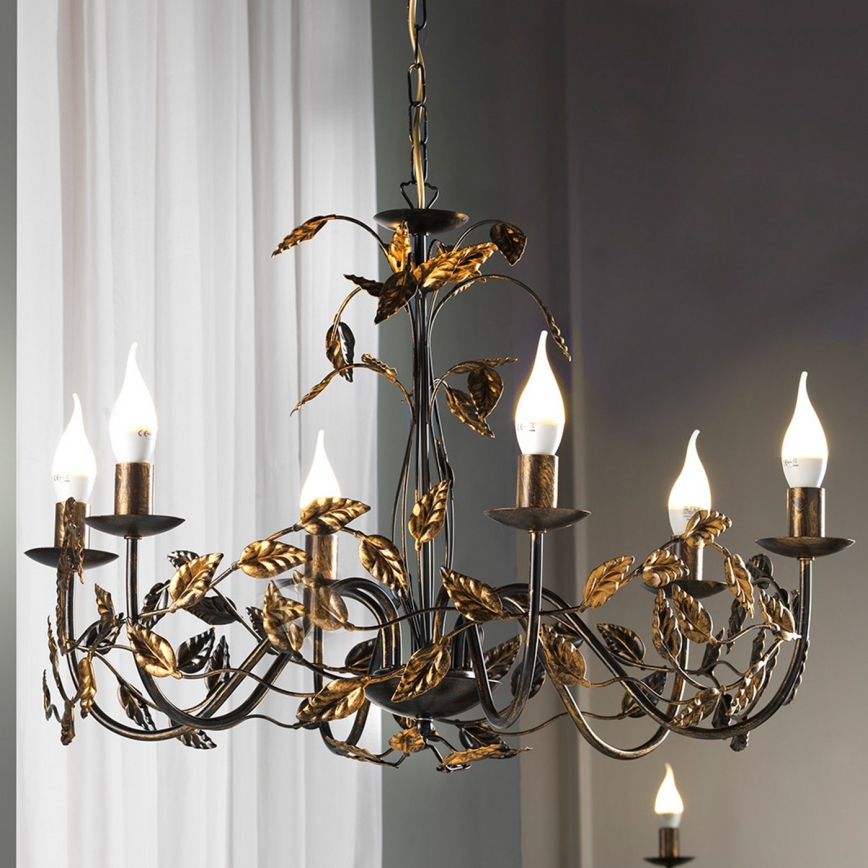 ONLI - Lampadario a sospensione con catena COLLANA 6xE14/6W/230V bronzo/oro