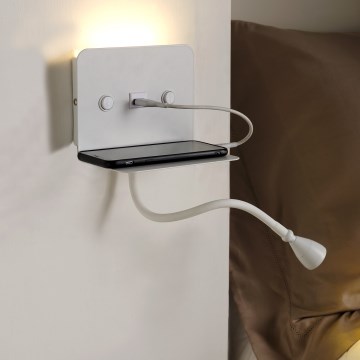 ONLI - LED Flessibile piccola lampada con mensola e USB di ricarica PLAK LED/1W/230V bianco