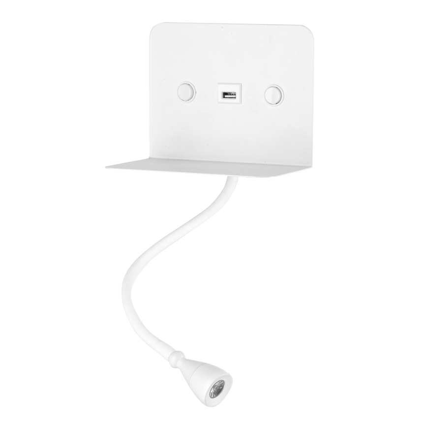 ONLI - LED Flessibile piccola lampada con mensola e USB di ricarica PLAK LED/1W/230V bianco