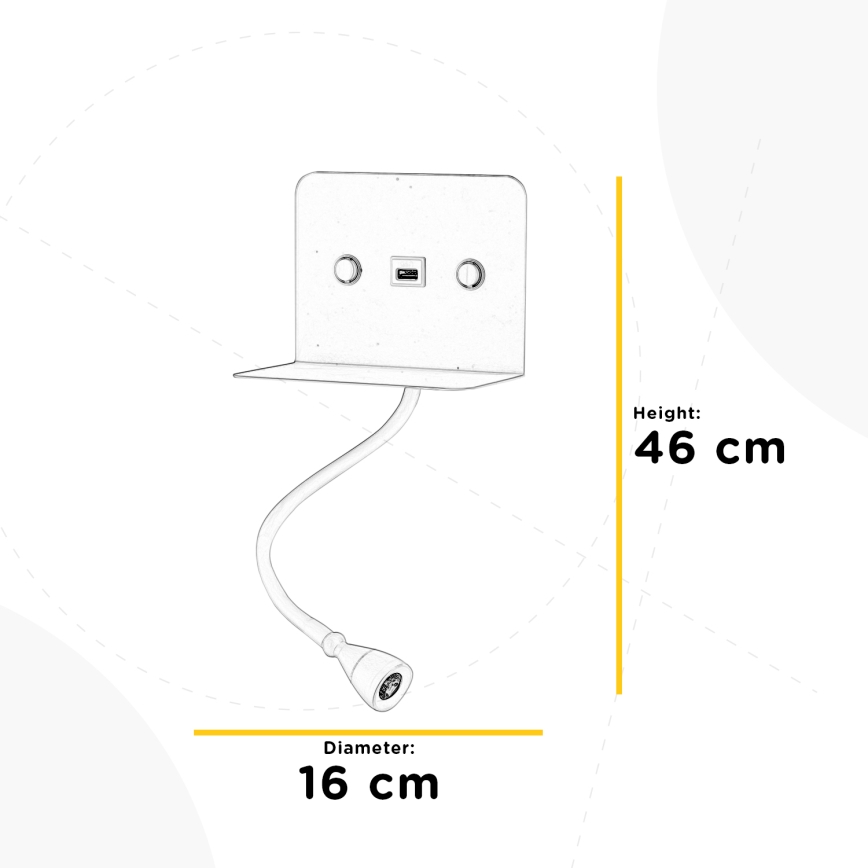 ONLI - LED Flessibile piccola lampada con mensola e USB di ricarica PLAK LED/1W/230V bianco