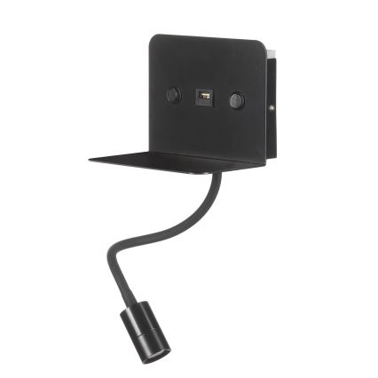 ONLI - LED Flessibile piccola lampada con mensola e USB di ricarica PLAK LED/1W/230V nero