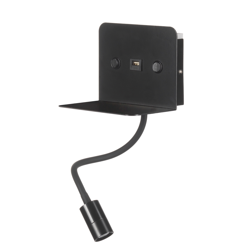 ONLI - LED Flessibile piccola lampada con mensola e USB di ricarica PLAK LED/1W/230V nero