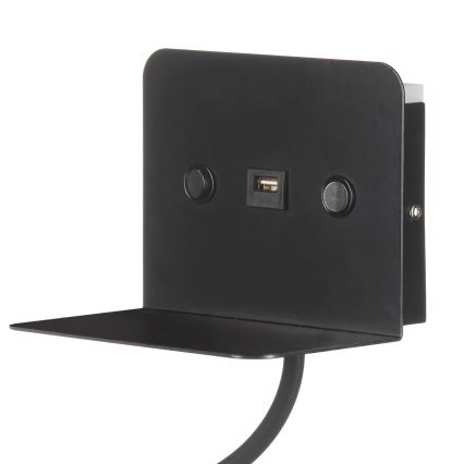 ONLI - LED Flessibile piccola lampada con mensola e USB di ricarica PLAK LED/1W/230V nero