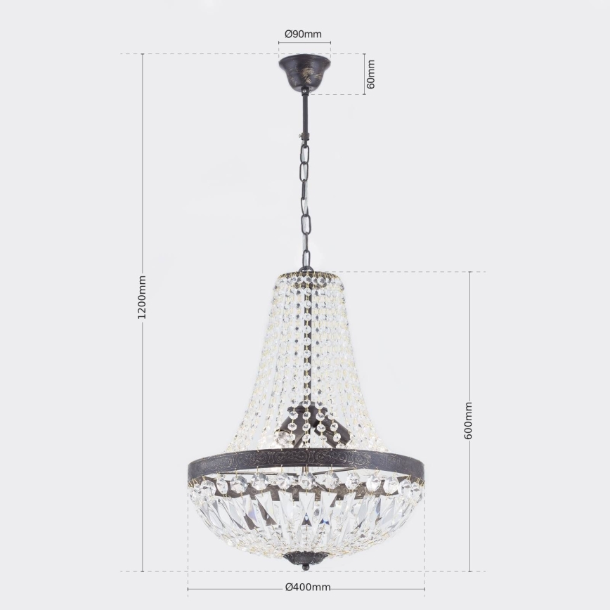 Lampadario di cristallo a sospensione con catena ARILA 3xE27/60W/230V diametro 40 cm marrone/patina