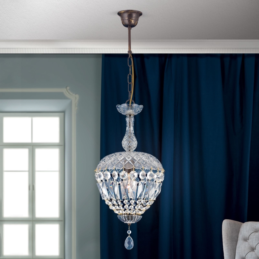 Lampadario di cristallo a sospensione con catena ARILA 1xE27/60W/230V diametro 25 cm marrone/patina