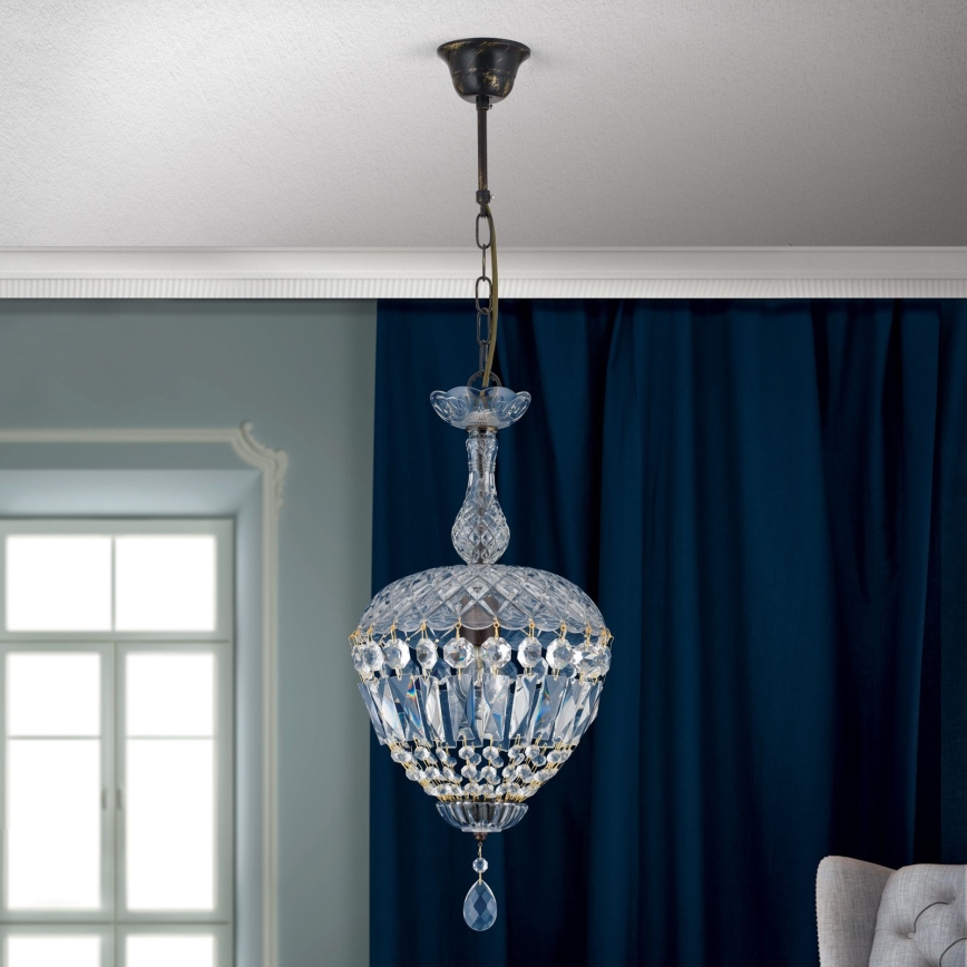 Lampadario di cristallo a sospensione con catena ARILA 1xE27/60W/230V diametro 25 cm marrone/patina