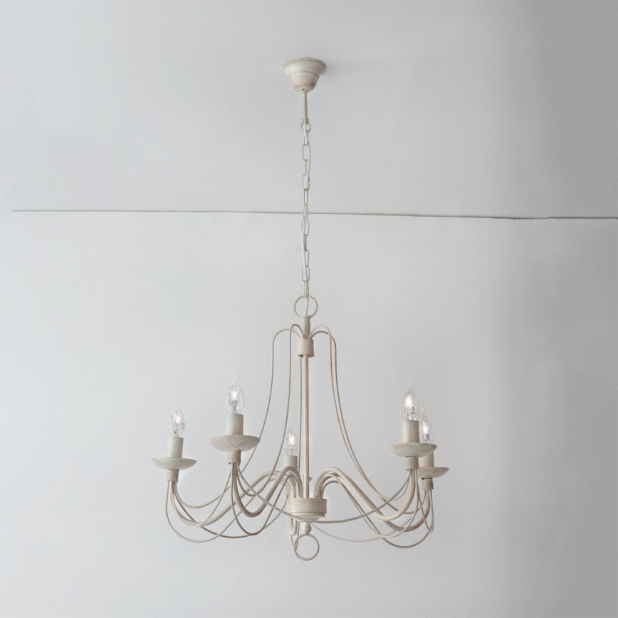 Lampadario a sospensione con catena VELA 5xE14/40W/230V diametro 60 cm bianco/oro/patina
