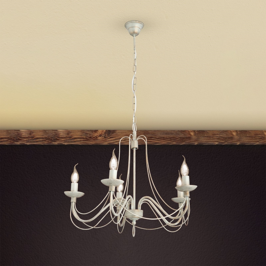 Lampadario a sospensione con catena VELA 5xE14/40W/230V diametro 60 cm bianco/oro/patina