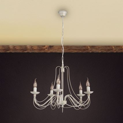 Lampadario a sospensione con catena VELA 5xE14/40W/230V diametro 60 cm bianco/oro/patina